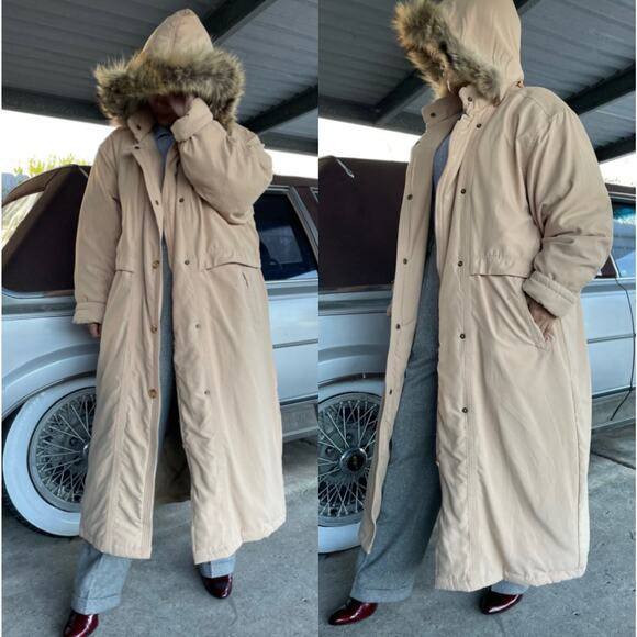 🔥Vintage Preswick & Moore Down Parka Puffer Duster Coat Fur Trim Hooded Size PL - Picture 1 of 16